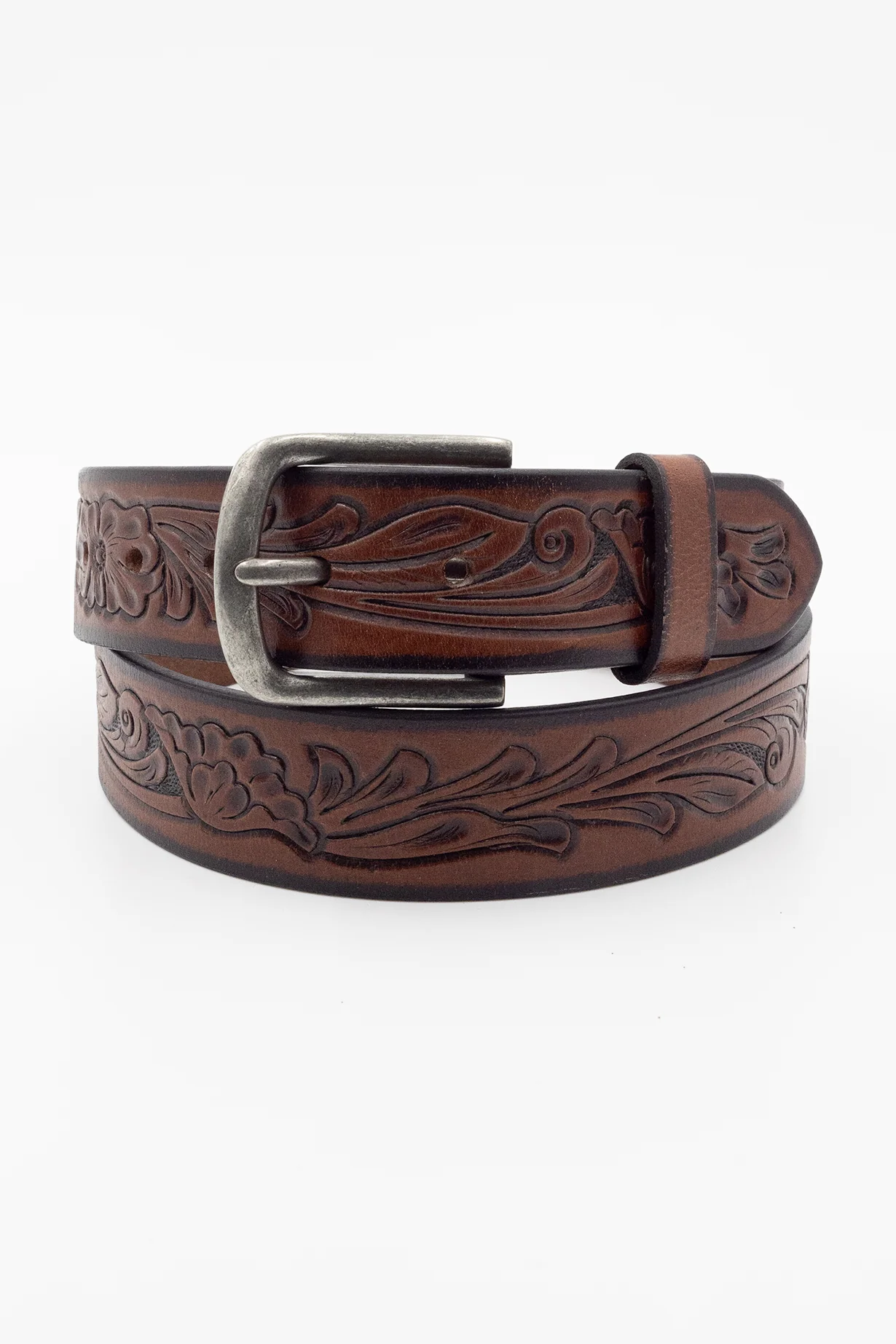 Tooled Leather Belt-Brown/Antique Nickel buckle