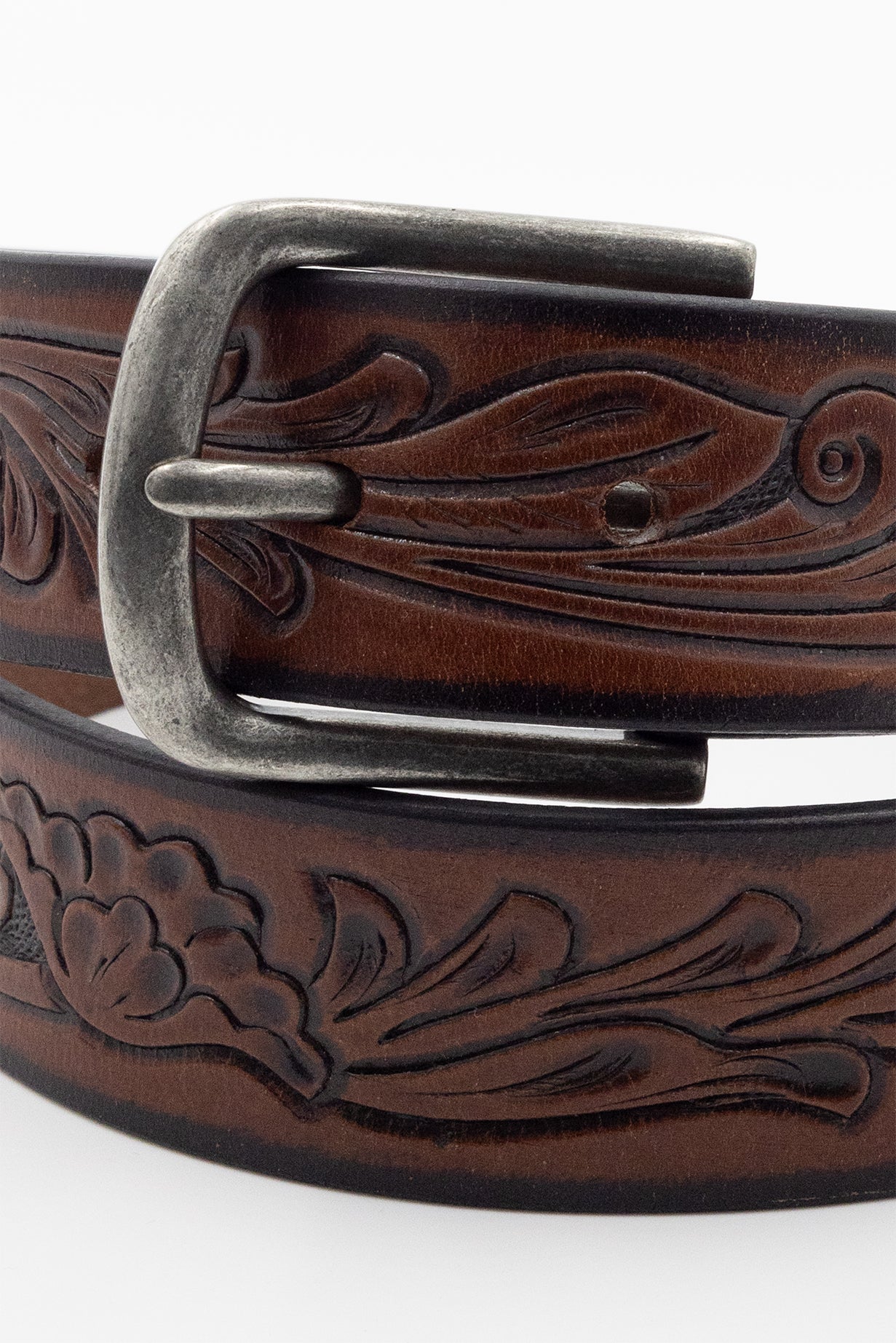 Tooled Leather Belt-Brown/Antique Nickel buckle