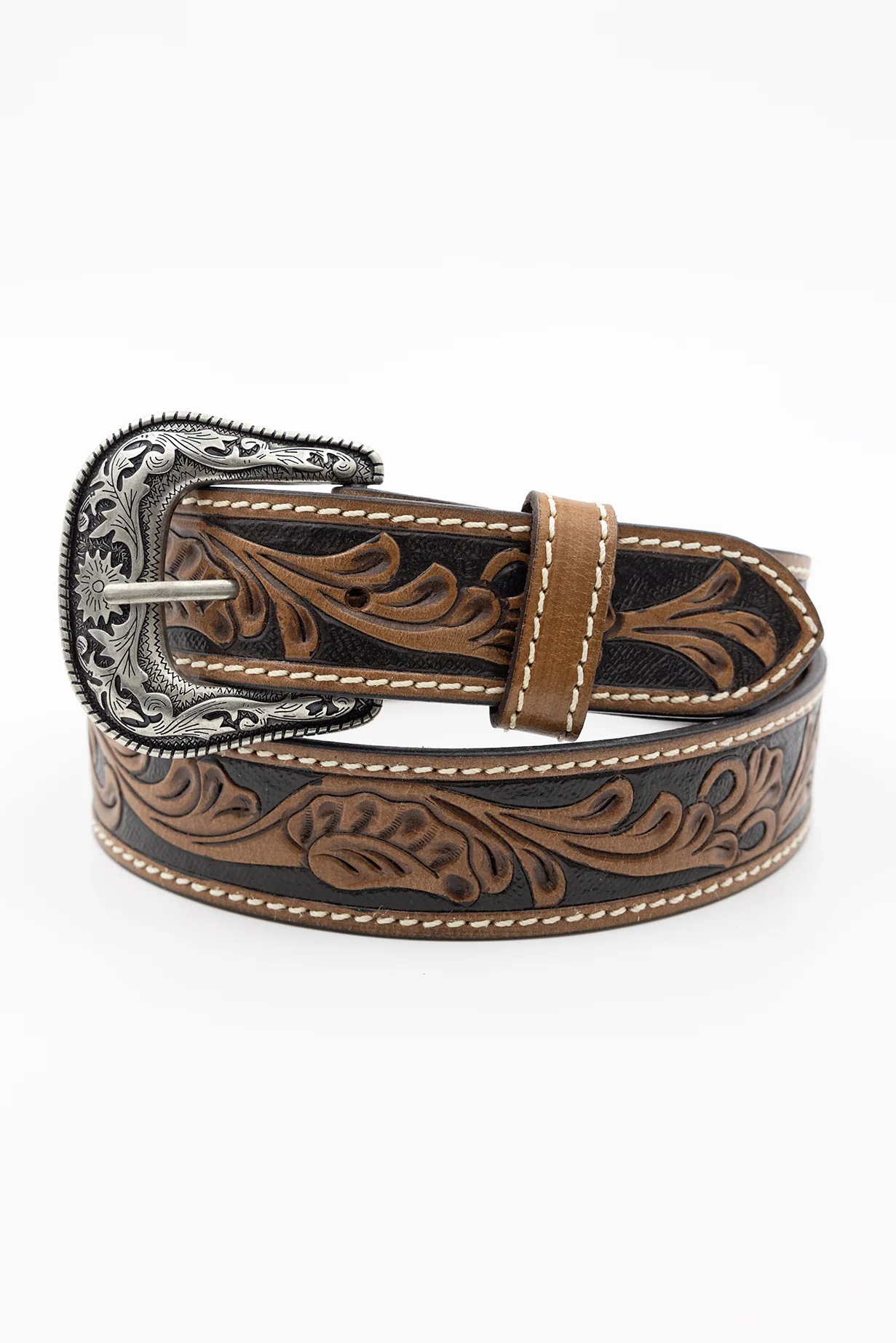 Tooled Leather Belt-Brown/Western buckle