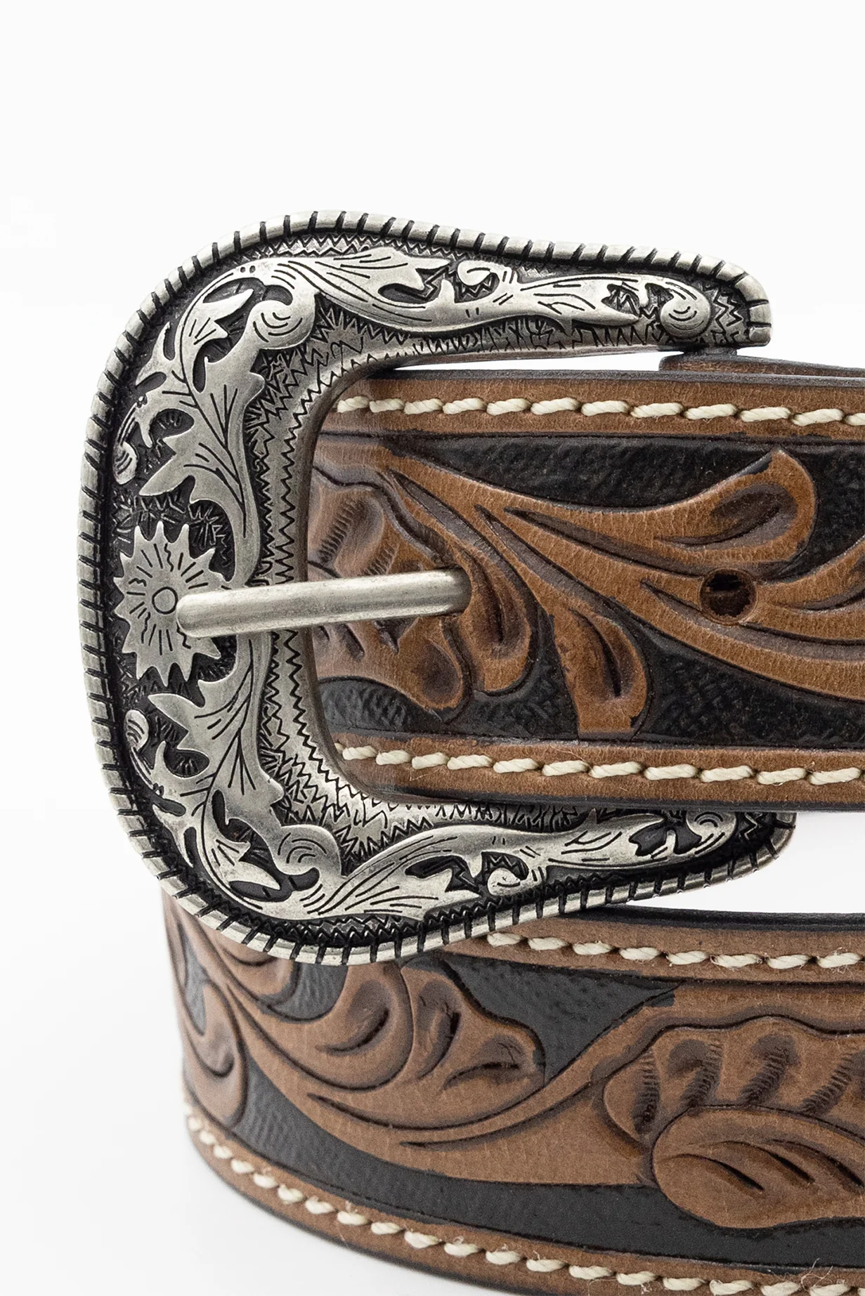 Tooled Leather Belt-Brown/Western buckle